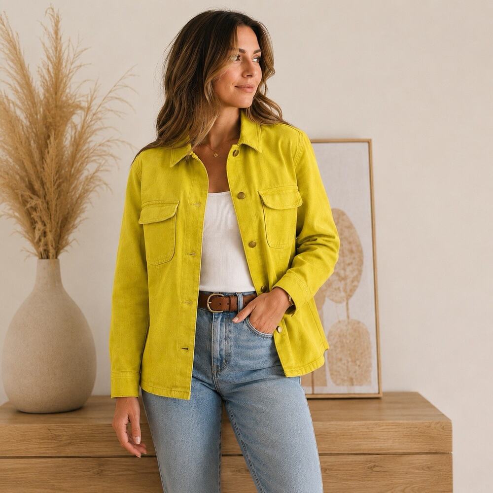 Company Ellen Tracy Yellow Utility Jacket Womens 12 Cotton Stretch Shacket - Picture 1 of 10